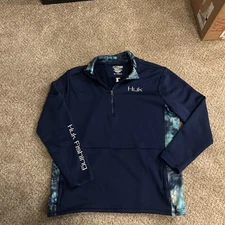 HUK Fishing Sweater Adult Large Blue Zip Mock Neck Fleece Sweatshirt