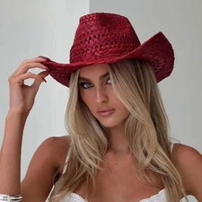 Red Hand-Painted Summer Straw Cowboy Hat Men Women Outdoor Travel Beach Sun