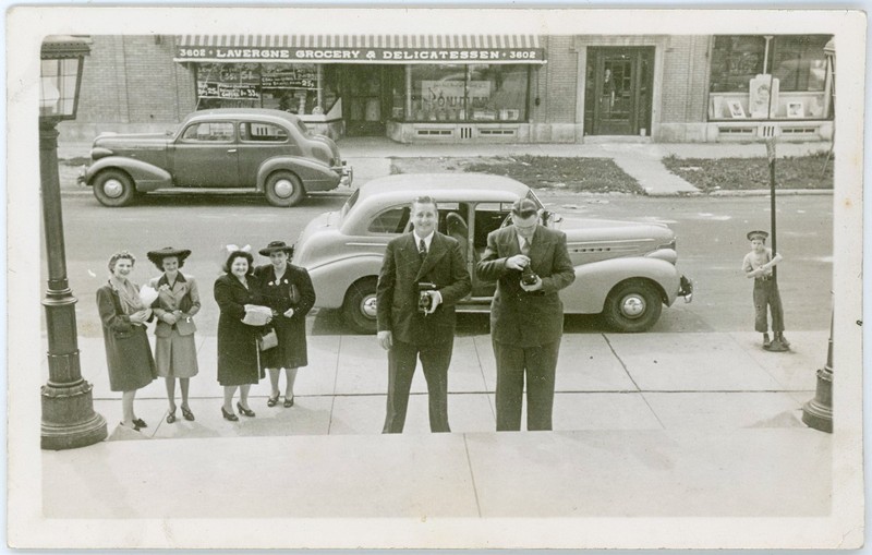 Vintage 1943 Snapshot Photographers & Market at N. 3602 Lavergne Ave Chicago IL