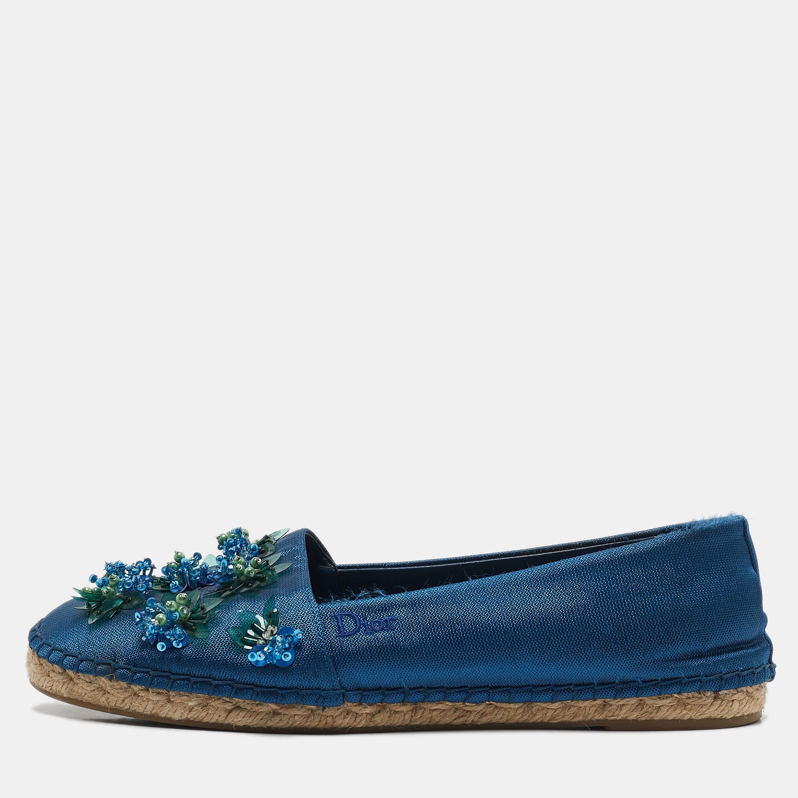Dior Blue Canvas Floral Embellished Espadrille Flats Size 38