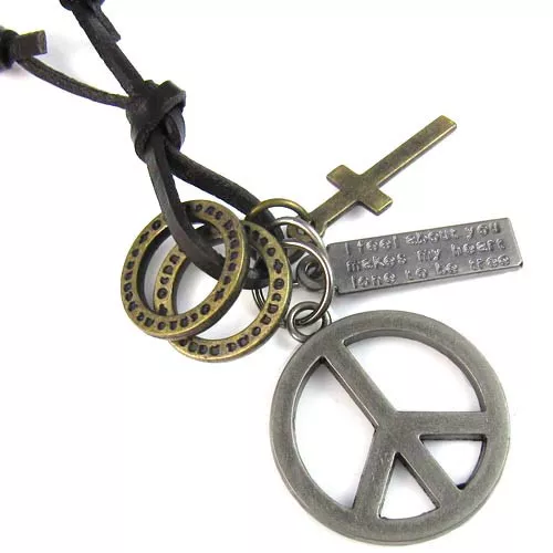 Mens Womens Peace Symbol Sign Cross Pendant Genuine Leather Choker