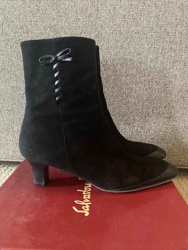 SALVATORE FERRAGAMO 黑色儿童麂皮绒皮革高跟鞋 8 码 2A AA 踝靴 — 第 3/4 张图片