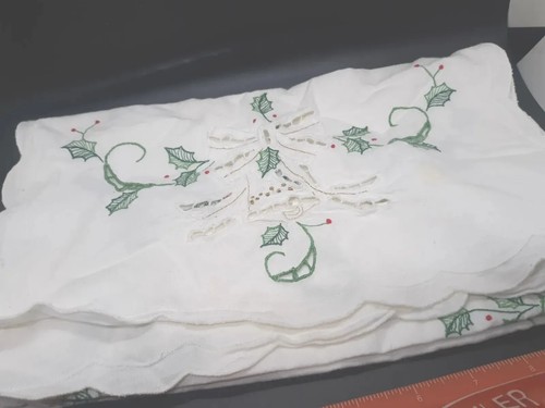 Vintage Handmade Holly and bells Table Runner Green White Lace Holiday Christmas - Picture 2 of 16