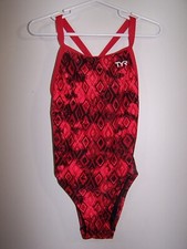 TYR One Piece Black  Red Glacial Diamondfit Swimsuit Girls Size 22