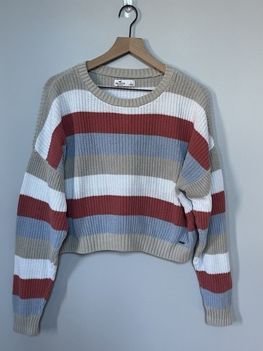 Hollister Women’s Long Sleeve Cropped Pullover Striped Sweater Size Large