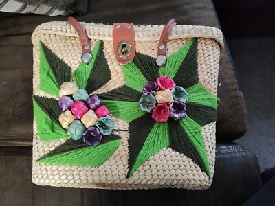 Vintage Straw Weave Tote Bag Basket Floral Leaf 3D Embroidery Design Blue Green