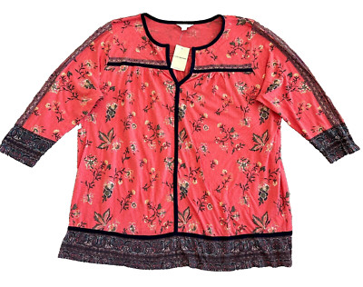 Lucky Brand Womens Peasant Top size XXL Floral Top Flowy Boho Tiered Tunic