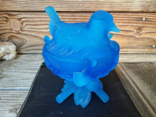 Vintage Frosted Blue Footed Birds on Nest Lidded Candy Dish Animal Decor Westmor - 第 1/9 張圖片