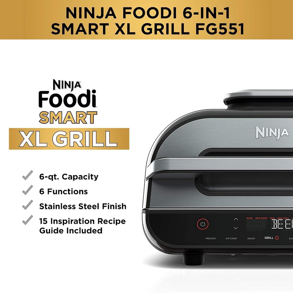 Ninja FG551 Foodi Smart XL 6in1 Indoor Grill with Air Fry, Roast