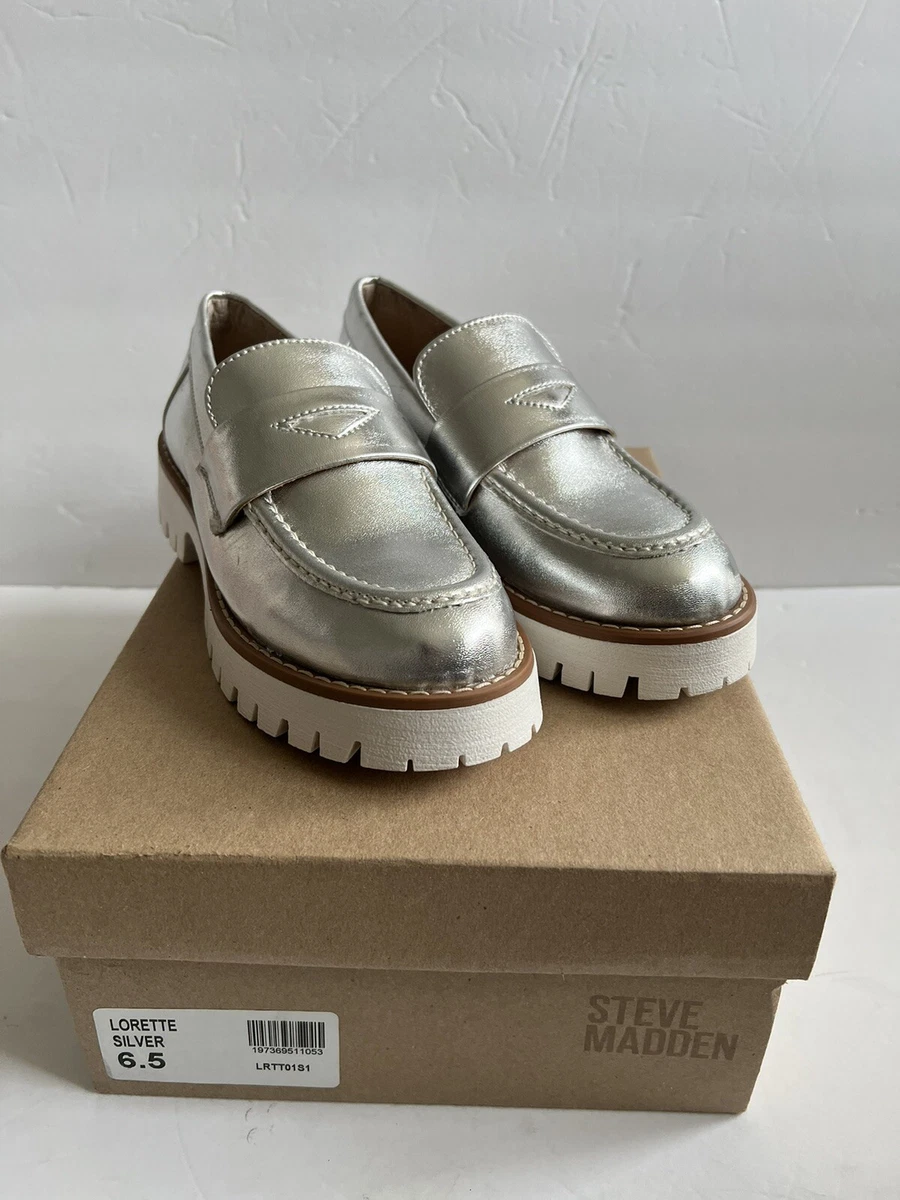 New Steve Madden Women Lorette Chunky Silver Loafer Slip On SZ 6.5