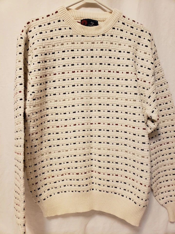 Pullover Sweater Size Medium 100% Cotton Ivory/Beige Multicolor Crew Neck Vintag - Image 2 of 4