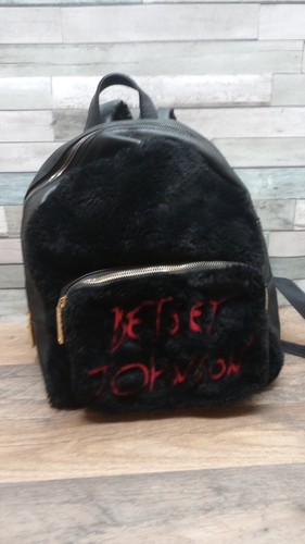 Betsey Johnson Faux Fur Black Backpack Large Logo Vegan Leather 12x11