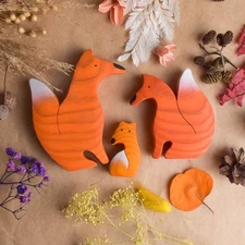 Wooden Woodland Animals Figurines Fox Family Handmade Puzzle Set Children's Gift
