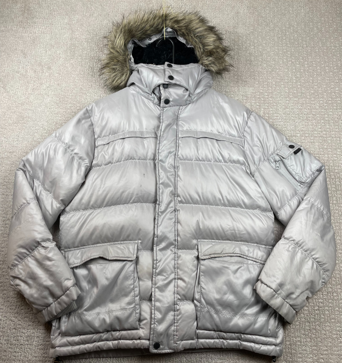 Y2K Uniqlo Puffer Jacket Womens XL Gray Down Fill Faux Fur Hooded Bomber Gloss