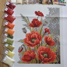 Bead Embroidery Kit Red Poppy Flower Design Beading Needlepoint Beads Stitching