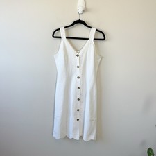 Monteau Button Front Linen Blend Summer Dress Scallop Hem Off White Size Medium