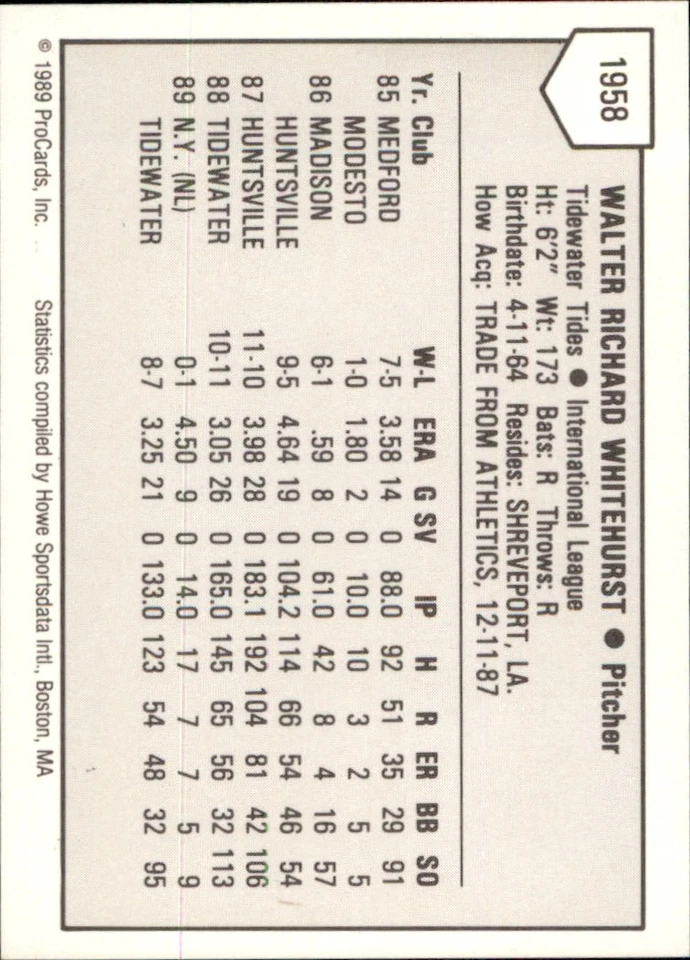 Wally Whitehurst 1989 ProCards Minors T/S #1958 RC Tidewater Tides AutographDen - Image 2 of 2
