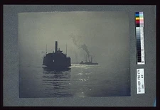 Ferry crossing smooth body,water,other ships,water vessels,background,c1900