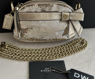 COACH POPPY METALLIC GOLD SEQUINS MINI GEM CROSSBODY BOW CHAIN