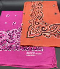 2 Vintage Western Bandanas - Bright Pink  Orange - Cotton Paisley