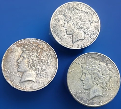 Three 1922 90% Silver Peace Dollars Complete Series VF+ Condition Free Shipping