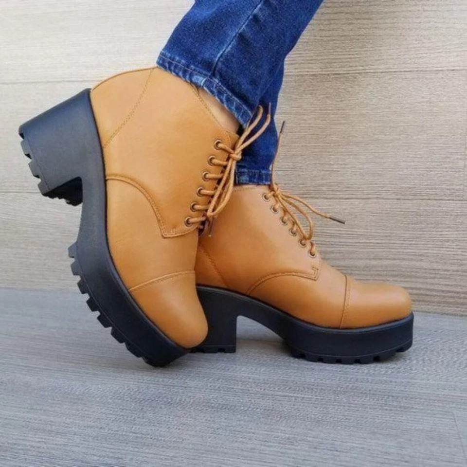 Botines con cordones plataforma bloque tacón grueso suela de cuero sintético marrón años 90 Foto 2 de 4