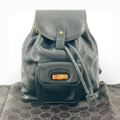 Gucci Rucksack schwarz Leder Bambus Kordelzug Gold Hardware Auth