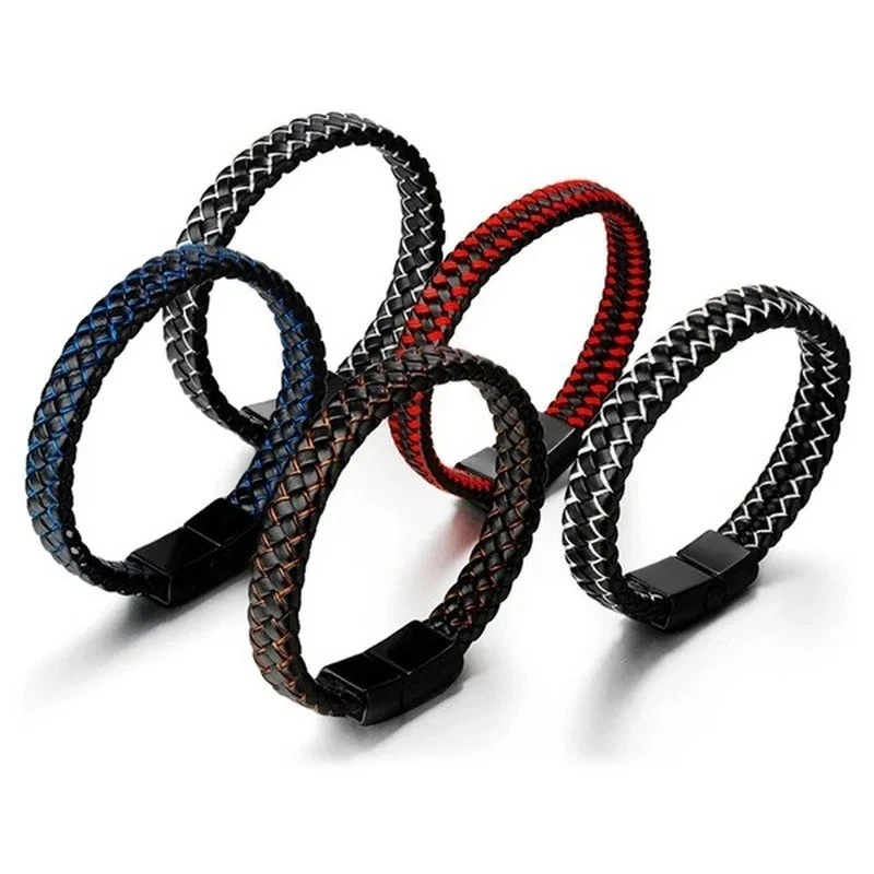 Brazalete trenzado de cuero genuino para hombre negro con cierre de acero inoxidable P Foto 3 de 4