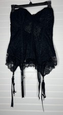 Vtg 80s Goddess Black Floral Lace Longline Strapless Garter Corset Bustier 38 D