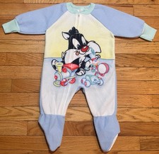 Vtg 1997 Baby Looney Tunes Sylvester Footed Sleeper Pajamas Romper Blue PJs 12M