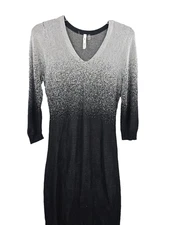 NY Collection Dress Women's Silver Black Metallic 3/4 Sleeve Solid Shift Large