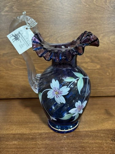 Vintage Fenton Mulberry Hand Painted Pitcher with Spiral Clear Handle