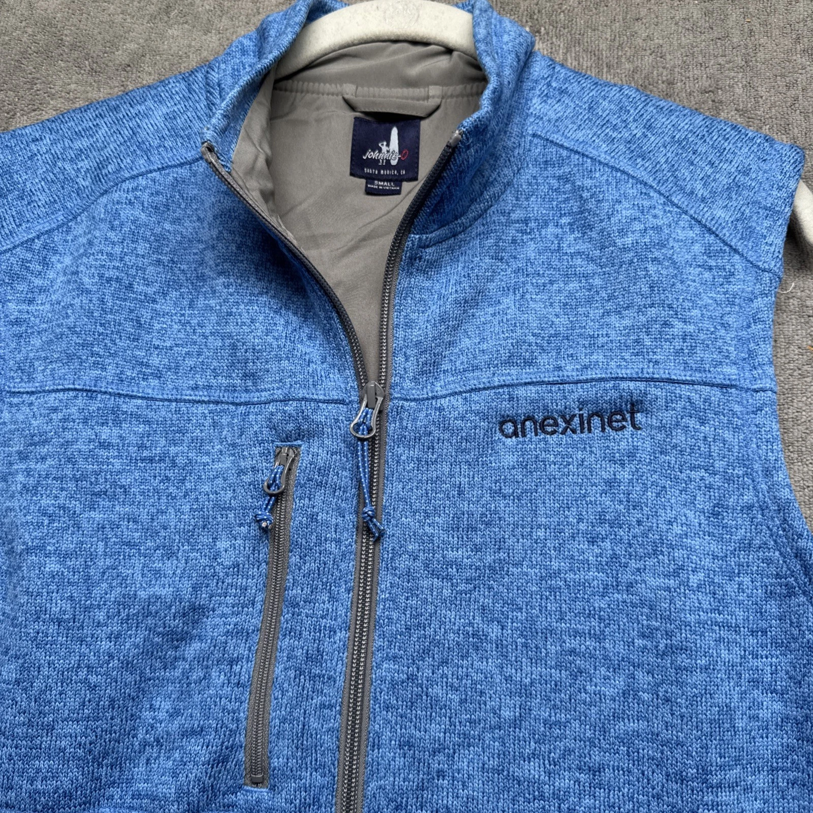 johnnie-O Men’s Blue Heather Full Zip Fleece Vest Small Embroidered Logo