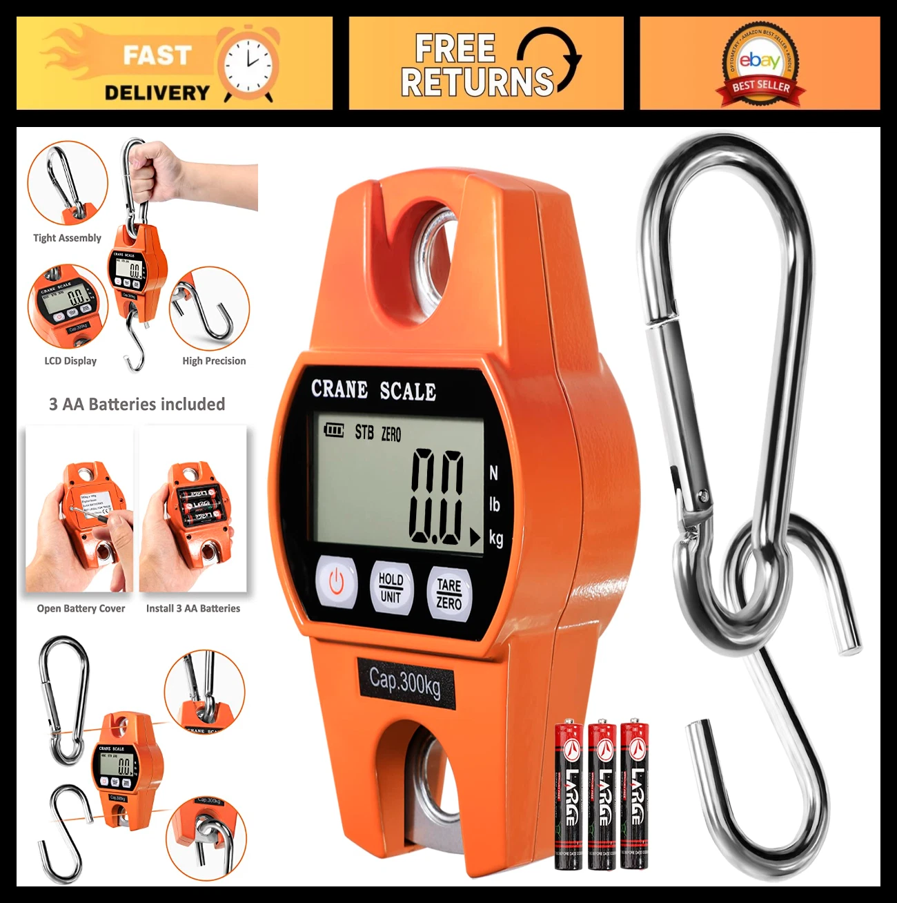 High Capacity Digital Hanging Scale 660 Lb 300 Kg - Portable Mini Crane Scale fo