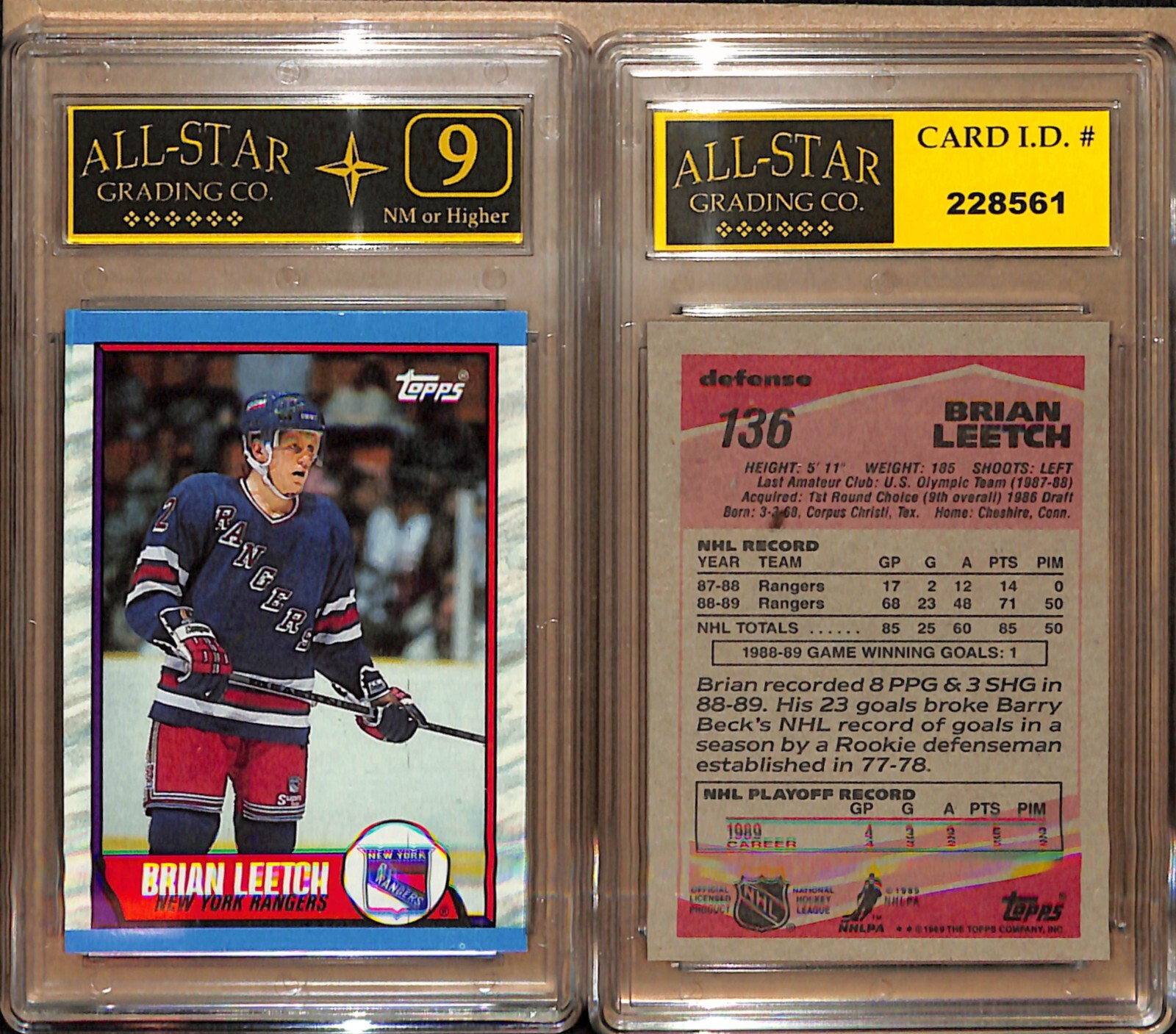 BRIAN LEETCH  1989 TOPPS RC ROOKIE CARD #136  NEW YORK RANGERS HOF ASG 9 NM #GB