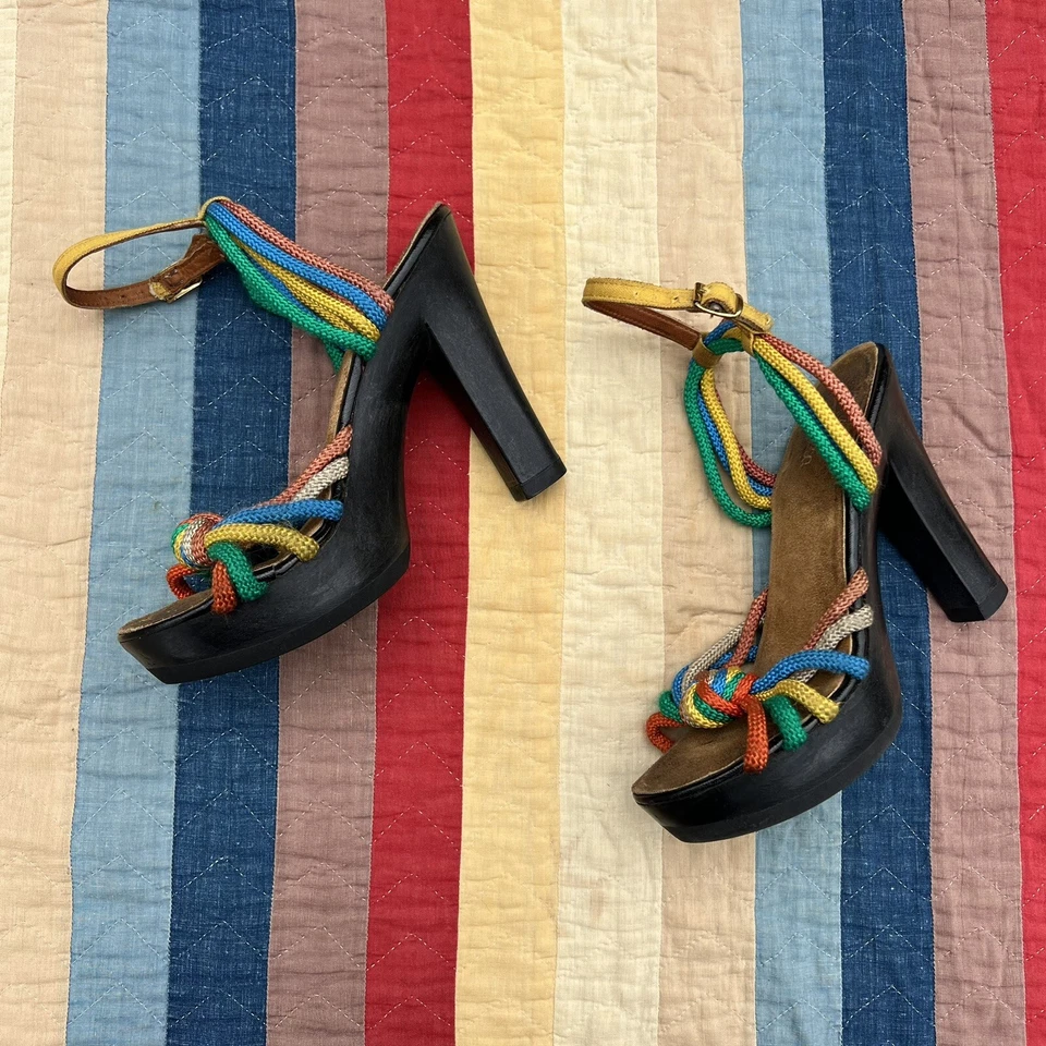 Vintage 1970s Colorful Rayon Strap Pump OpenToed Shoes High Heels Rainbow Sbicca - Image 4 of 4