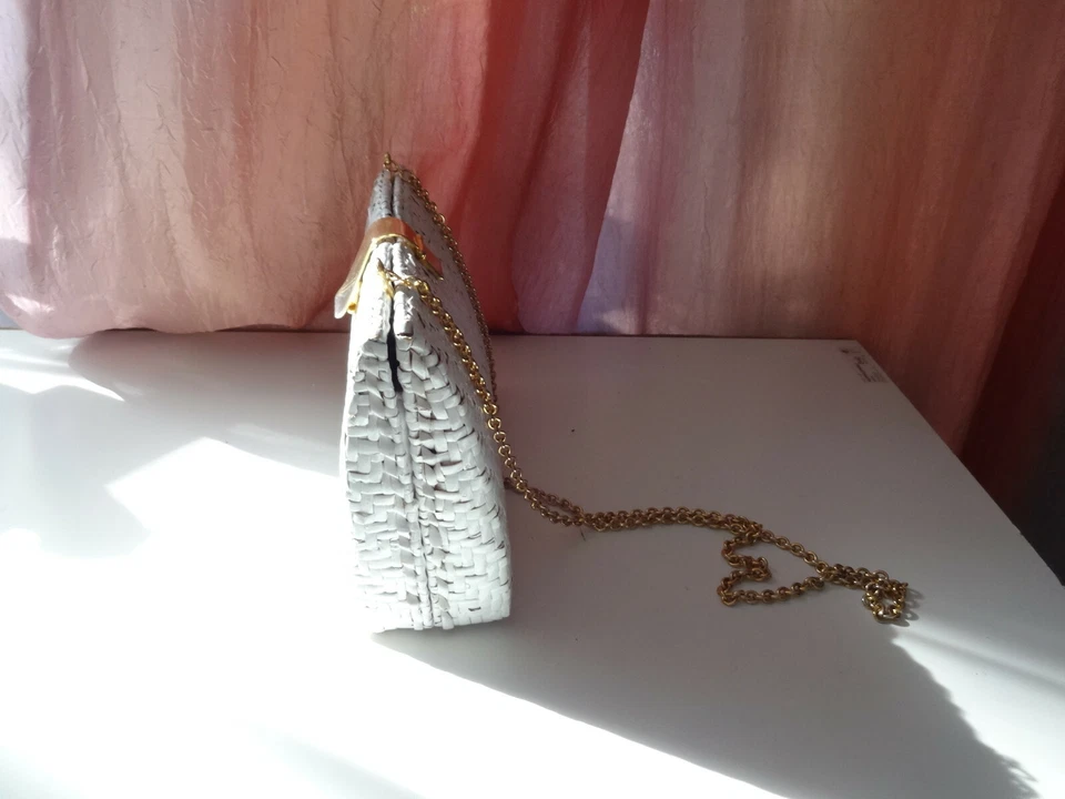 复古 Vacation Travel Bamboo Wowen 手包 晚装 白色 金色 钱包 手提包 — 第 2/4 张图片