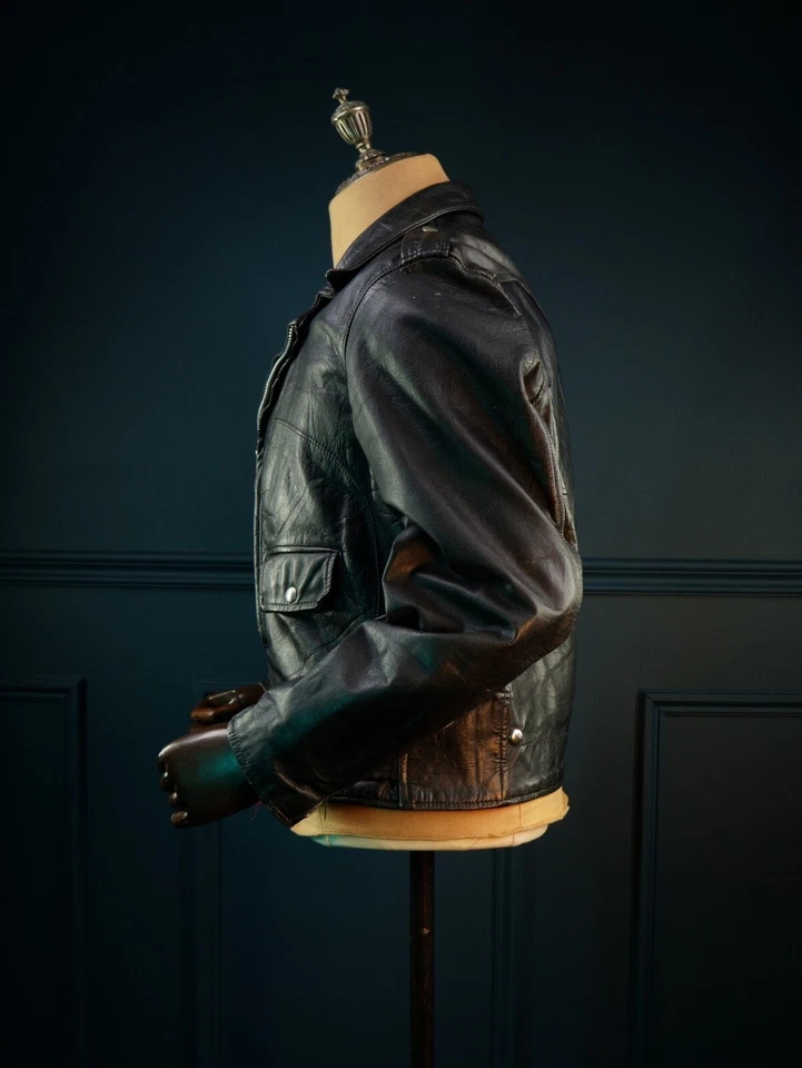 Vintage 60s Sears Oakbrook Steerhide 50s D Pocket Motorcycle Leather Jacket "M" - Image 3 of 4