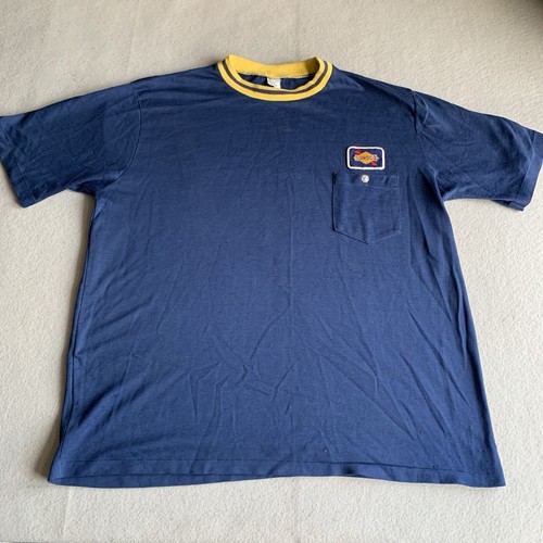 Vintage Sunoco Ringer Worker Shirt Blue Adult Size L Embroidered Patch 70s 80s