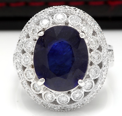  8.20Ct Natural Blue Sapphire & Diamond 14K White Solid Gold Ring