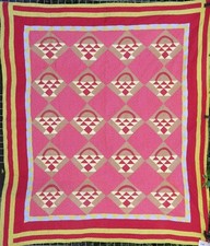 Hand-Stitched 1880's American Quilt Five Border Basket Pattern Calico Fabrics