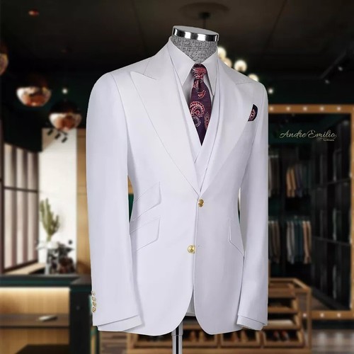 3 Piece White Men Suit Formal Dinner Groom Tuxedo Peak Lapel Wedding Suit Custom - Picture 4 of 13