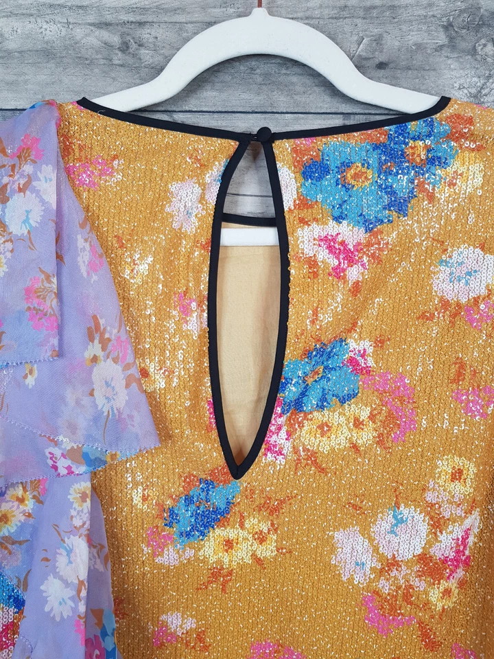 Vestido Manoush Floral Ráfaga Lentejuelas Talla UK 10 Amarillo Volantes Camiseta Cambio Foto 4 de 4