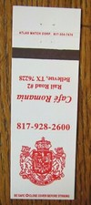 BELLEVUE TEXAS MATCHCOVER: CAFÉ ROMANIA EMPTY MATCHBOOK COVER -E
