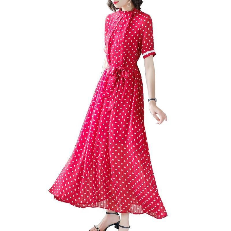 Lady Polka Dots Maxi Dress Loose Casual Baggy Swing with Belt Summer