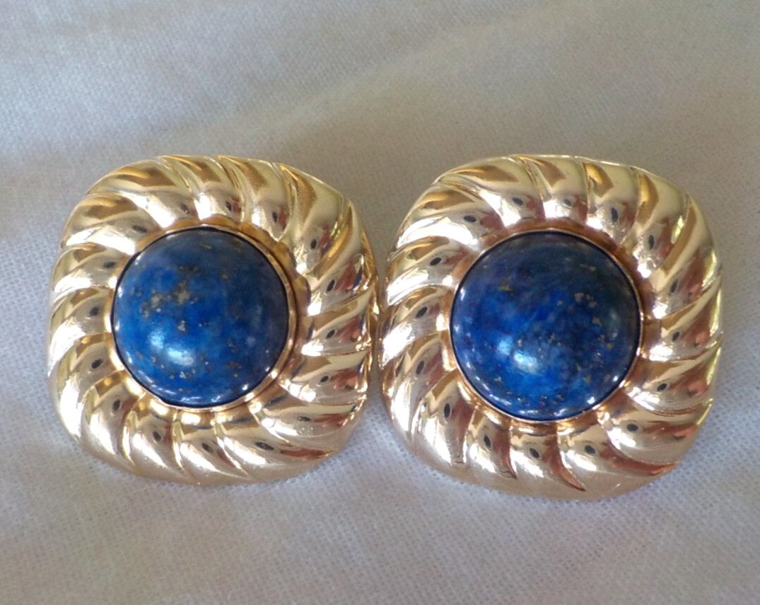 Solid 14K Yellow Gold Ribbed Frame Lapis Lazuli E… - image 6