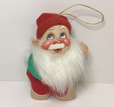 Stuffed Dwarf Elf Ornament Rosy Cheeks Pointy Ear White Beard Red Santa Hat