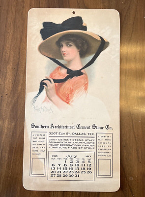 Jul 1913 Calendar, So. Arch.Cement Stone Co Dallas, TX, Frank Desch Illustration