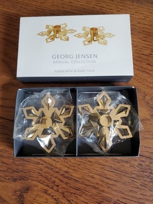 Georg Jensen 2024 Pair Of Taper Candleholder Snowflakes Open Box 18 Karat Plated