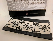 Vtg Lee Ceramics Hawaii Rectangle Hibiscus Decorative Plate Black/White NIB 12" 